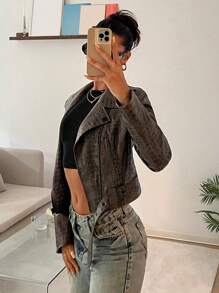 SHEIN EZwear 女士棕色蛇皮印花前拉链短款风衣夹克 - 棕色 - 查看 4