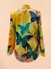 Women's Shirt, Fashionable Casual Butterfly Printed Shirt Top - Multicolor - View 3