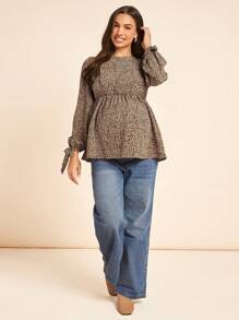 Boho Mama 孕妇休闲哺乳衬衫，孕妇长袖蝴蝶结纽扣衬衫 - 卡其色 - 查看 3