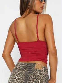 Women Plain V-Neck Sexy Slim Streetwear Spring Summer Vacation Party Club Going Out Camis Crop Top Clothes - Red - View 2