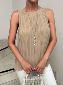 EURMUSE Fashionable Sleeveless Chic Blouse With Necklace - Beige - View 1