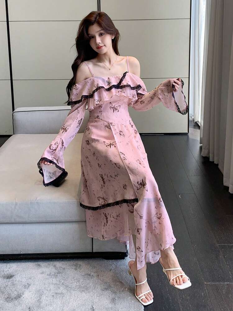 Women Butterfly Print Color Blocking Lace Ruffle Hem Dress,Fall Clothes Long Sleeve Dress Floral Dresses For Women