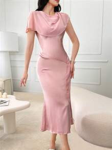 Modelyn Women's Solid Color Net Yarn Splice Summer Dress With Slit - Pink - View 5