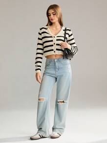 TRNVIE 1 件女士休闲简约舒适黑白条纹翻领前纽扣短针织开衫，秋冬 - 彩色 - 查看 4