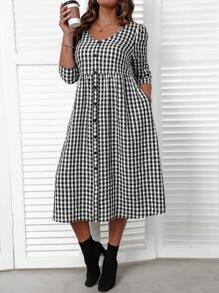 EMERY ROSE Robe casual à manches longues pour l'automne, col V, imprimé à carreaux, grande taille
