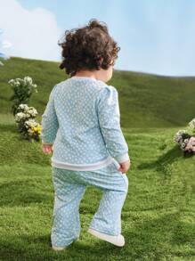 SHEIN Baby Girl Casual Jacquard Sweatshirt & Pants Set, Spring & Fall - Blue - View 2