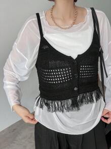 FRIFUL Áo hai dây dệt kim tua rua màu trơn thường ngày dành cho nữ, Xuân/Hè trong suốt Thu - màu đen - Xem 5