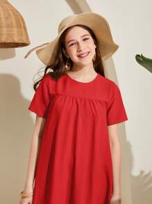 SHEIN Vestido casual de manga corta de unicolor con volantes para niñas adolescentes - Rojo - Ver 3