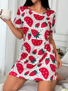Kurzarm Rundhals Cartoon Obst Allover-Muster Schlafkleid mit Allover-Muster, lockere Kleidung