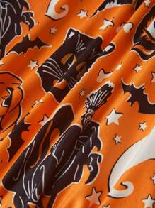 女士橙色万圣节南瓜和猫全身印花圆领无袖荷叶边收腰 A 字裙，带松紧下摆，秋季节日派对服装 - 橘色 - 查看 5