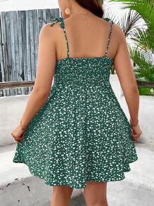 SHEIN Holidaya 大码碎花细肩带无袖连衣裙 - 墨綠色 - 查看 2
