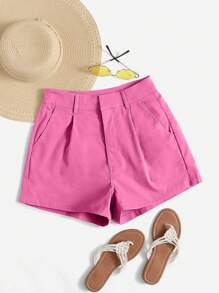 SHEIN Essnce Shorts holgados y casuales de tejido plisado con bolsillos de unicolor para mujer - Rosa - Ver 1