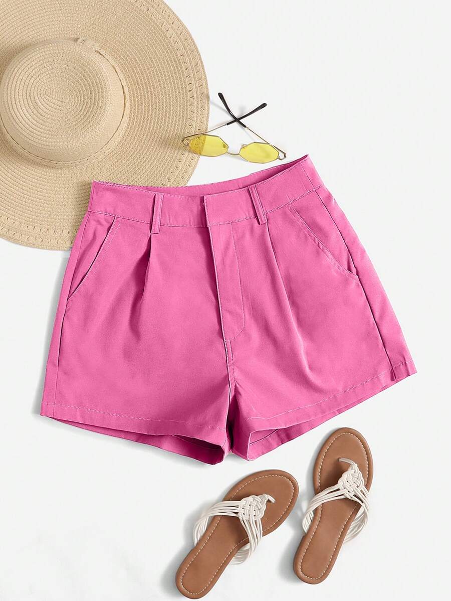 SHEIN Essnce Shorts holgados y casuales de tejido plisado con bolsillos de unicolor para mujer - Rosa - Ver 1