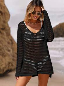 SHEIN Swim Hollow Out Drop Shoulder Cover Up Dress Without Bikini Set,Summer Beach - Black - View 5