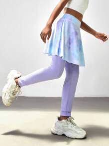 SHEIN Quần legging thể thao cho bé gái tuổi mới lớn, in tie-dye, co giãn và thoáng khí, phù hợp cho các môn thể thao, yoga, chạy bộ, lớp thể dục, quần vợt, cầu lông, thể dục dụng cụ, khiêu vũ, cổ vũ - Màu tím - Xem 1