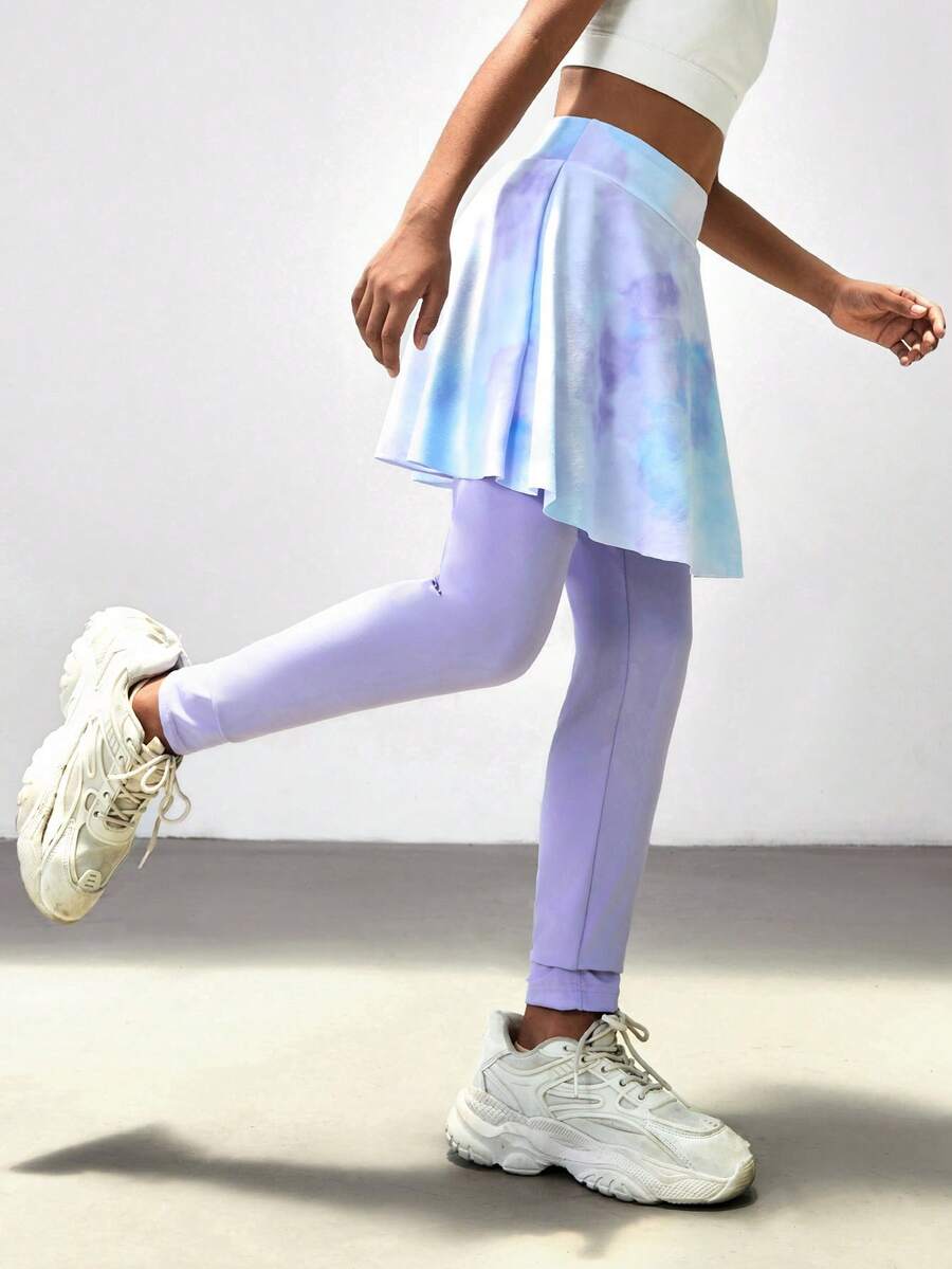 SHEIN Quần legging thể thao cho bé gái tuổi mới lớn, in tie-dye, co giãn và thoáng khí, phù hợp cho các môn thể thao, yoga, chạy bộ, lớp thể dục, quần vợt, cầu lông, thể dục dụng cụ, khiêu vũ, cổ vũ - Màu tím - Xem 1