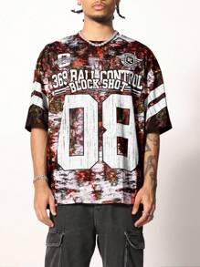 PAVTROS Moda masculina Tie Dye letra & número impressão ombro caído camiseta, verão, camiseta gráfica - Multicolorido - Ver 1