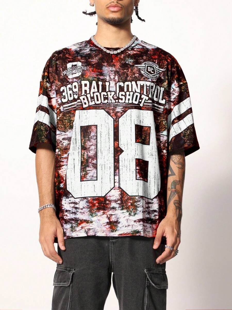PAVTROS Moda masculina Tie Dye letra & número impressão ombro caído camiseta, verão, camiseta gráfica - Multicolorido - Ver 1
