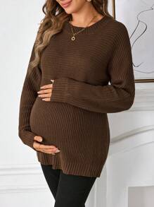 SHEIN 孕妇棕色长袖修身毛衣，适合秋季和冬季 - 棕色 - 查看 4