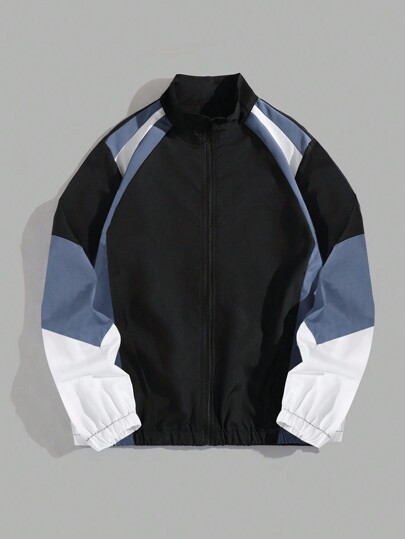 Manfinity Homme Plus Size Men's Spring Autumn Casual Color Block Stand Collar Jacket, Work Fashion Black Long Sleeve Lightweight Jacket, For Friends, Husband, Boyfriend Gifts, For Fall