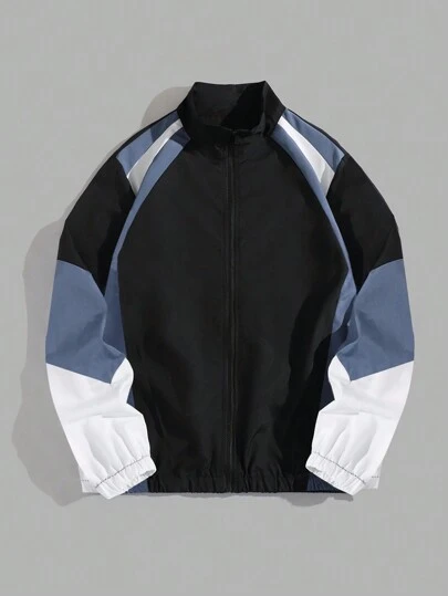 Manfinity Homme 大码男士春秋休闲拼色立领夹克，工作时尚黑色长袖轻便夹克，适合朋友、丈夫、男朋友的礼物，适合秋季