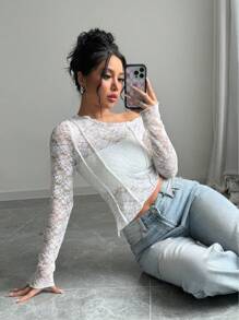 Chiquease Women's Solid Color Lace Asymmetrical Hem Long Sleeve Blouse Fall Cloth For Women - White - View 5