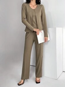 Modelyn Conjunto de 3 piezas para mujer: Chaqueta tipo cárdigan, Camiseta de tirantes y Pantalones casuales 2 piezas - Marrón - Ver 5