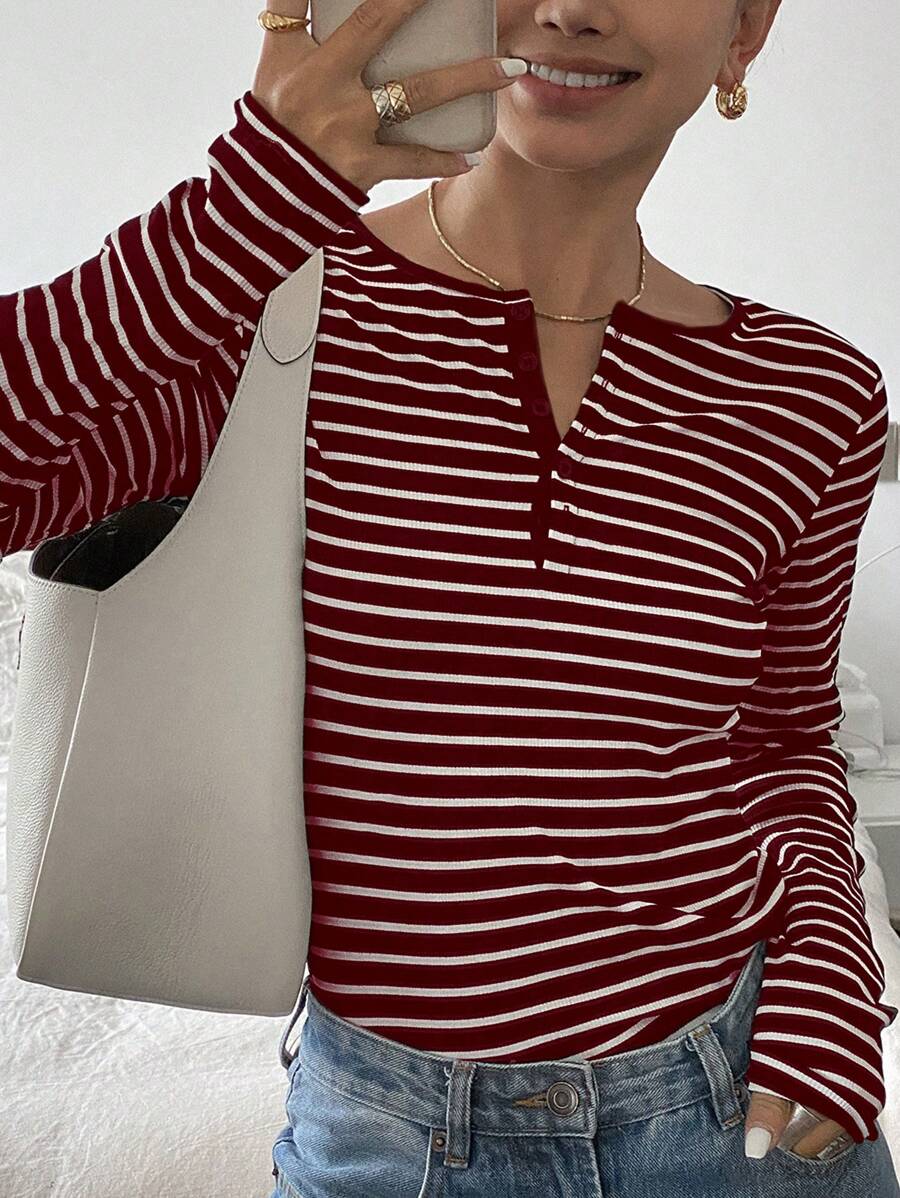 Livesso 女士春夏V领条纹休闲长袖T恤，秋季服装
