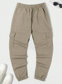 SHEIN Cottnline Men's Flap Cover Side Pocket Drawstring Waist Sweatpants - Khaki - View 2