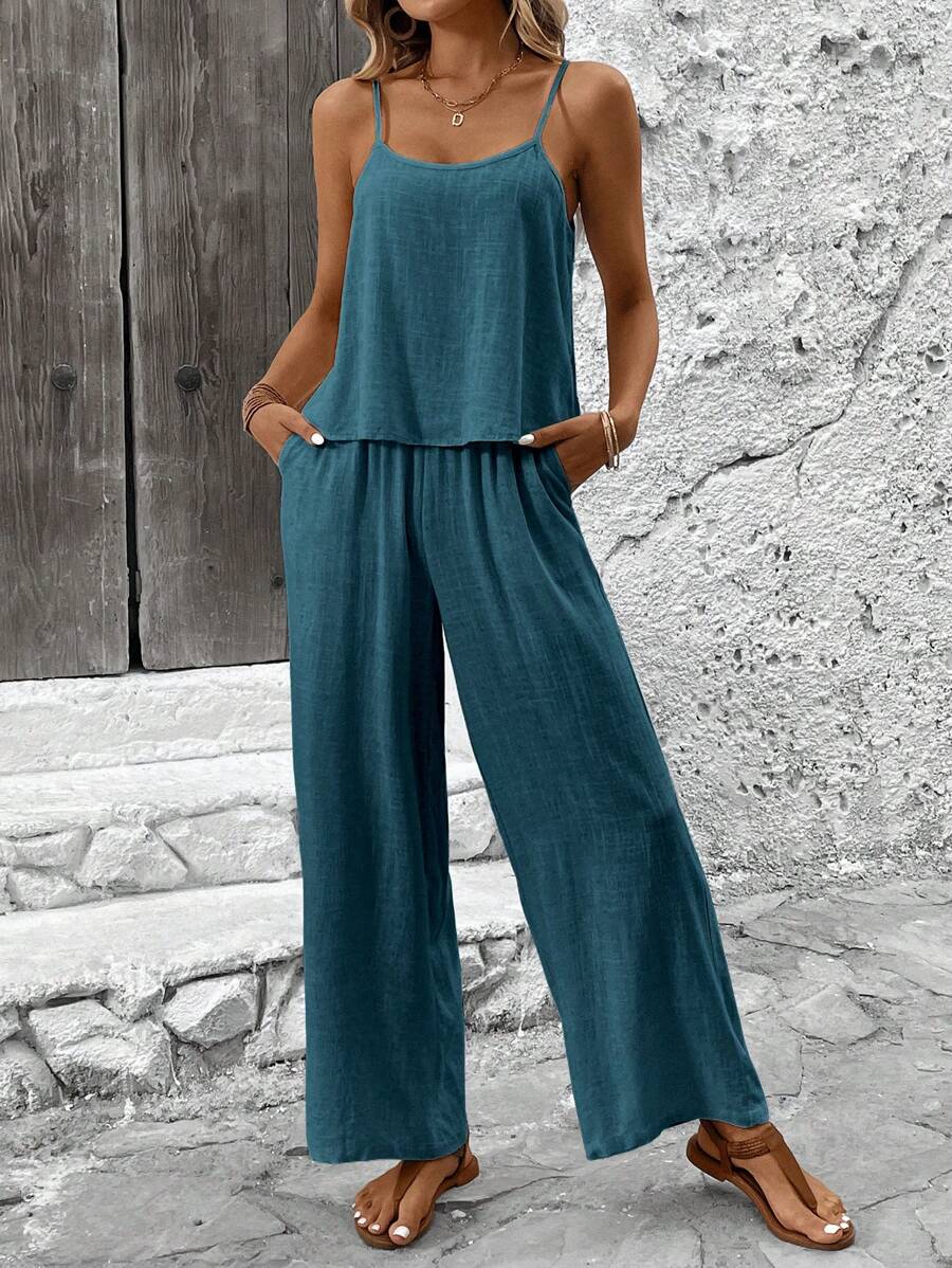 SHEIN LUNE 2 件套女士夏季亚麻皱褶吊带背心和裤子休闲套装 - 藍色 - 查看 1