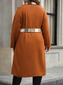 SHEIN LUNE 大码女式格子拼布长袖休闲羊毛衬衫 - 棕色 - 查看 2