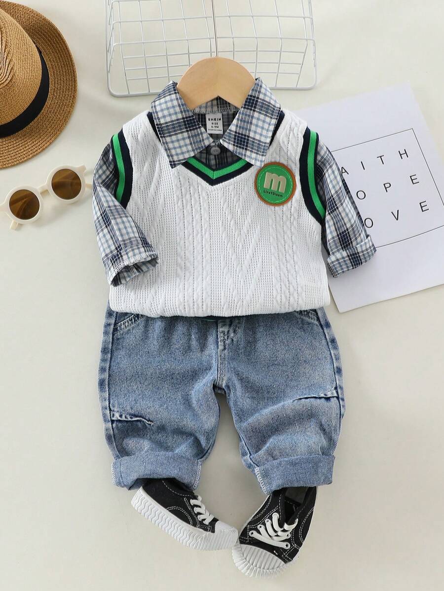 3 件套时尚男婴休闲格子衬衫、仿针织提花背心和长裤套装 - 彩色 - 查看 1