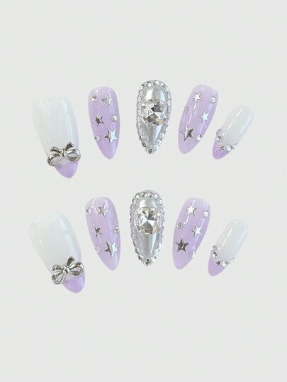 Kawaii 10pcs Star & Bow Handmade False Press On Nails + 3 Sheets Double-Sided Adhesive, Y2K Style Manicure, Removable Pentagram Hand-Painted Nail Stickers Suitable For Holidays, Parties, Dance & Daily Wear, Fake Nails