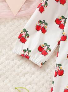 SHEIN 2pcs/Set Baby Girl Cute Digital Cherry Print Ruffled Collar Jumpsuit And Solid Color Fleece Vest Homewear Set - Multicolor - View 5