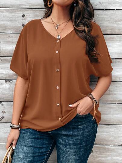 EMERY ROSE Plus Size Women's Brown Button Embellished Short Sleeve Shirt For Spring