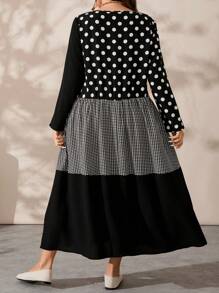 EMERY ROSE Plus Size Crew Neck Long Sleeve Polka Dot & Plaid Contrast Color Charming Fall Dress