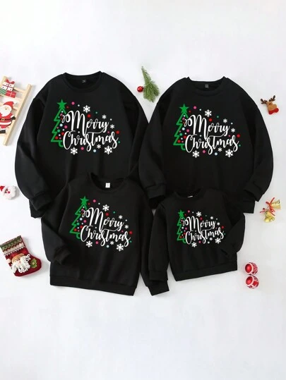 SHEIN Herren Lässiger Festlicher Weihnachts-Pullover mit linearem Schriftzug "Fröhliche Weihnachten" und Grafik Weihnachtsbaum, geeignet für Weihnachts-Familien-Party, Herbst/Winter