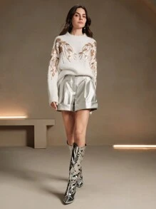 Anewsta Women's Elegant Loose Embroidered Sequined Pullover Sweater, Autumn/Winter - White - View 3