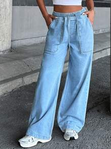 EURMUSE STRAIGHT HIGH ELSTIC WAIST JEANS - Medium Wash - View 3