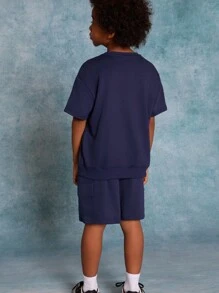 SHEIN Tween Boys' Knitted Solid Color Printed Short Sleeve T-Shirt With Pocket And Drawstring Shorts 2pcs/Set - Navy Blue - View 3