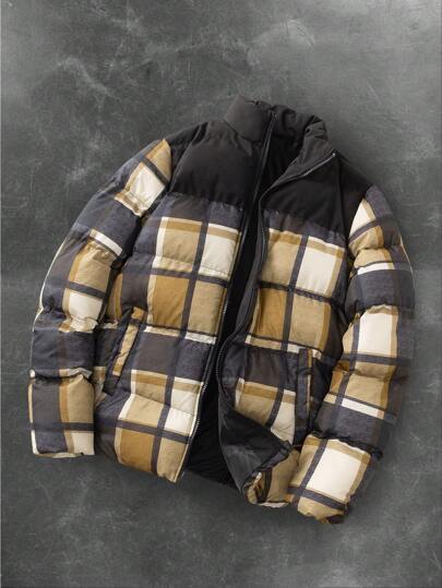 Manfinity EMRG Men's Plaid Print Zip-Up Long Sleeve Padded Coat, Autumn/Winter,Back To School,Fall Men Clothes,Halloween Clothes,Men Winter Coat