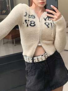 DAZY 女士抽绳长袖前拉链字母印花连帽毛衣，休闲日常穿着，长袖上衣，秋季女装