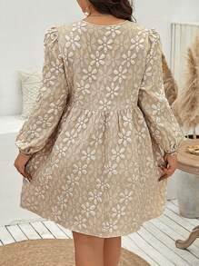 Flirla Plus Size Floral Jacquard Puff Sleeve Casual Vacation Dress