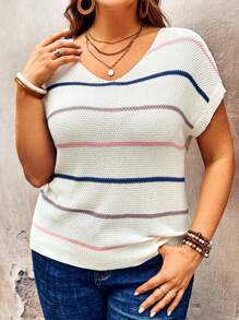 Plus Size Women Striped Short Sleeve Knit Top - Multicolor - View 3