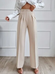 EURMUSE Pantalones de pierna ancha con pliegues frontales para mujer - Beis - Ver 1