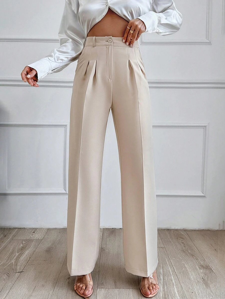 EURMUSE Pantalones de pierna ancha con pliegues frontales para mujer - Beis - Ver 1
