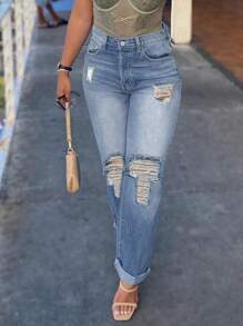 New Basic Women Loose Straight Leg Distressed Jeans, Casual Street Style - Rửa trung bình - Xem 3