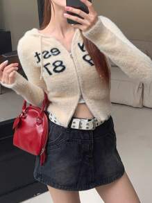 DAZY 女士抽绳长袖前拉链字母印花连帽毛衣，休闲日常穿着，长袖上衣，秋季女装