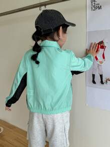 SHEIN 年轻女孩休闲立领宽松拼色长袖风衣夹克，男女通用设计 - 綠色 - 查看 2