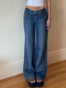 2025 新款女式低腰直筒宽松日常休闲牛仔裤 - 深色水洗藍 - 查看 1